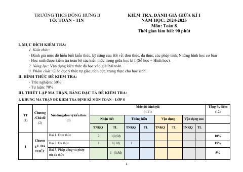 Đề thi Giữa kì 1 Toán 8 năm 2024-2025 trường THCS Đông Hưng B (Kiên Giang)